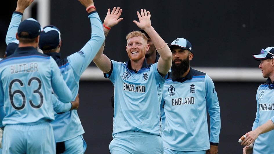 Ben Stokes of England celebrates with his team-mates in the Cricket World Cup