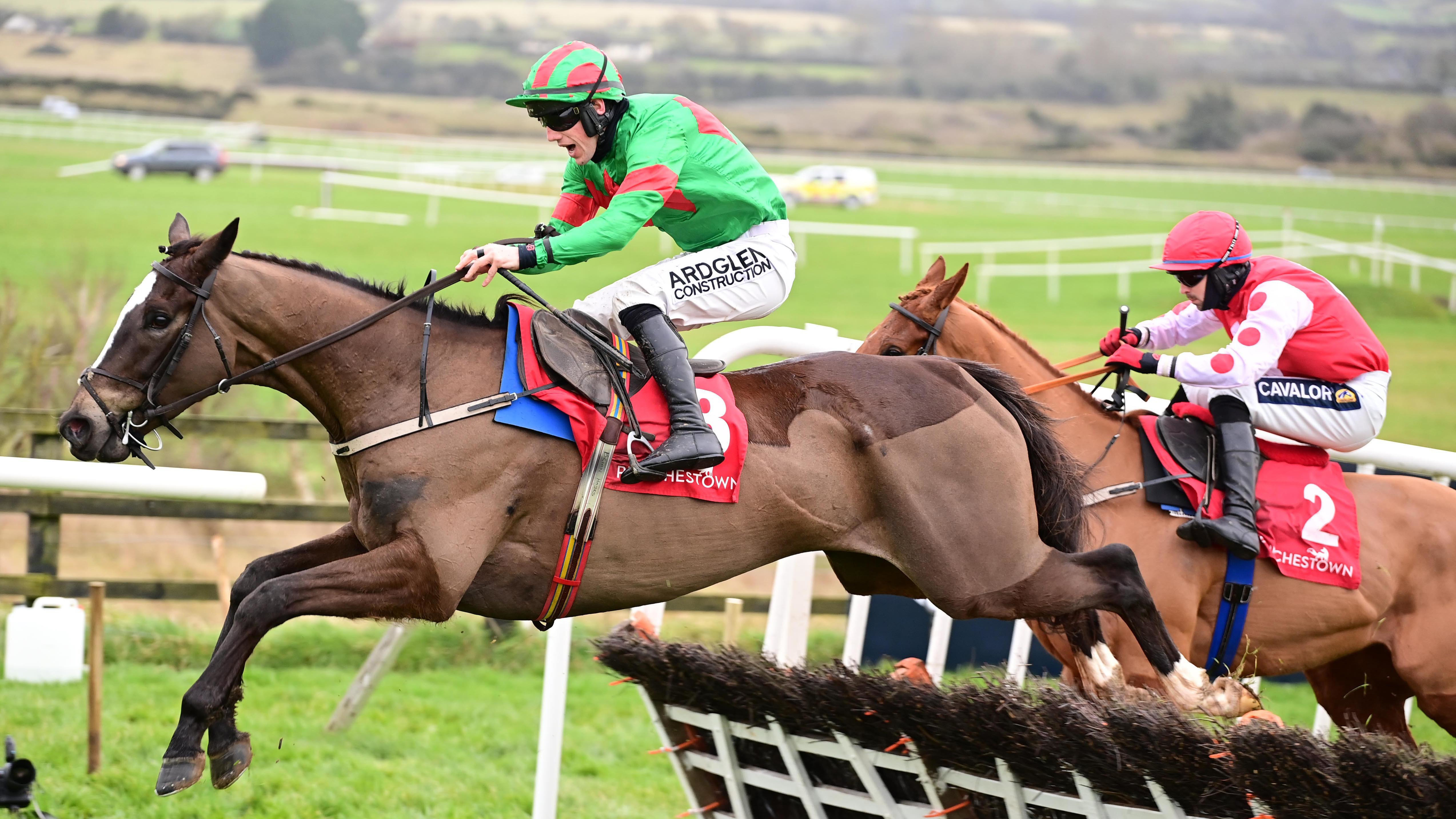 Frere Tuck ridden by jockey Brian Hayes wins the Punchestown Maiden Hurdle