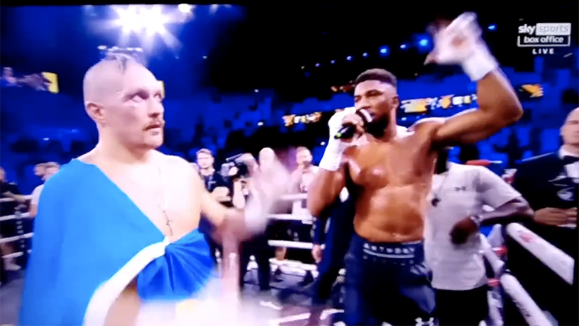 Watch Anthony Joshua throw belts out of ring and praise Oleksandr Usyk in bizarre post-fight speech in Saudi Arabia