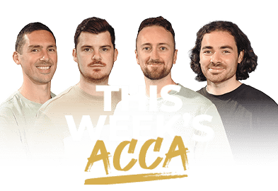 The words 'This Week's' in white and the word 'Acca' in orange. 4 people who host this weeks acca in the background.