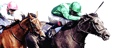 Image of a jockey in a green silk riding a brown horse and a jockey in a green and white silk riding a chestnut horse.