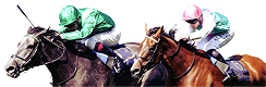 Image of a jockey in a green silk riding a brown horse and a jockey in a green and white silk riding a chestnut horse.